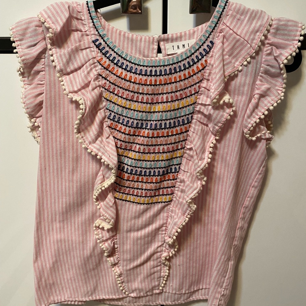 THML Pink Striped Embroidered Ruffle Top